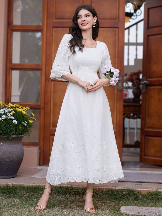 CM-DS576511 Women Trendy Bohemian Style Square Neck Embroidered 3/4 Sleeve Maxi Dress - White