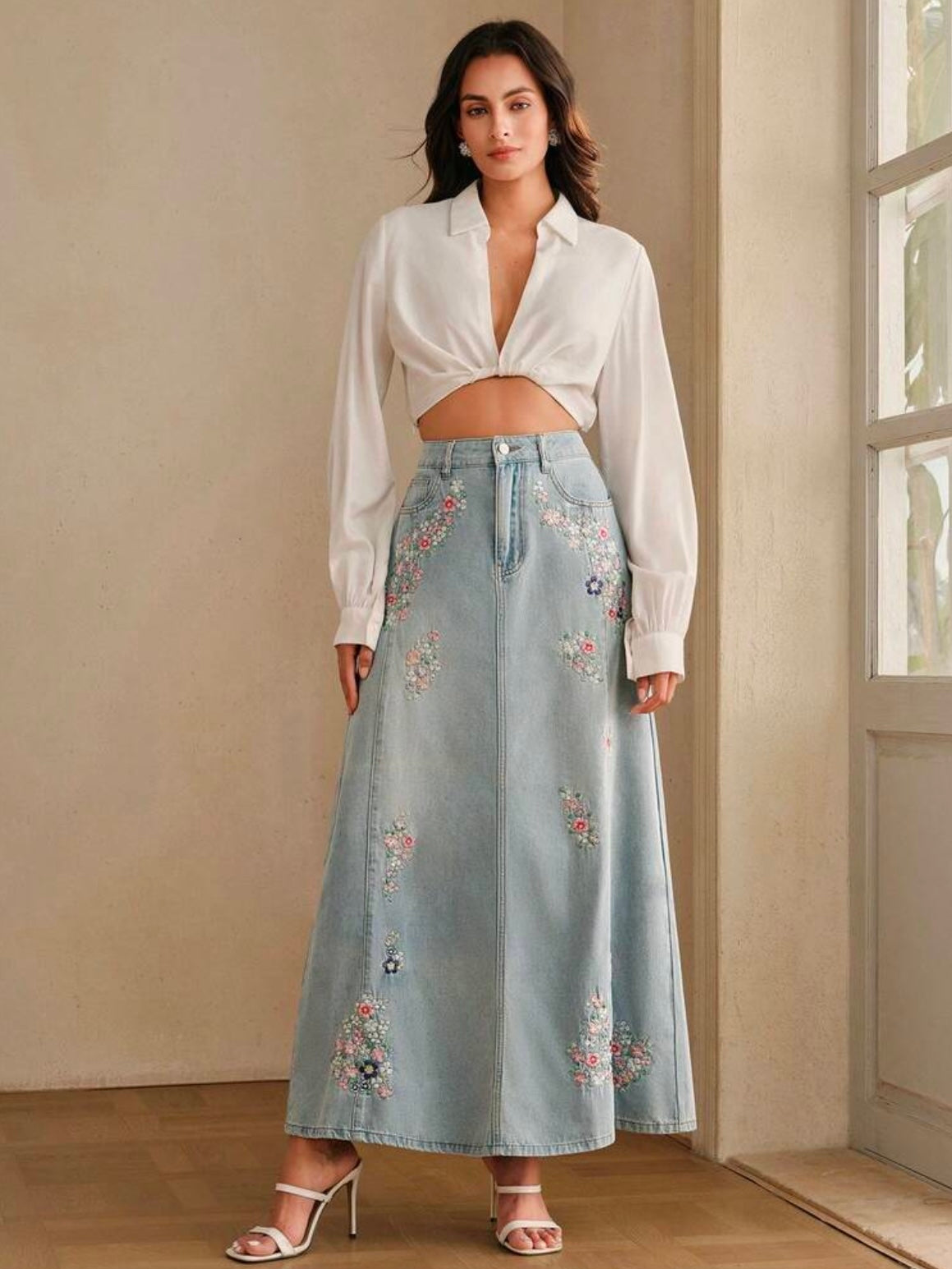 CM-BS230235 Women Casual Seoul Style Mid Waist Embroidery Slimming Design Split A-Line Denim Skirt - Blue