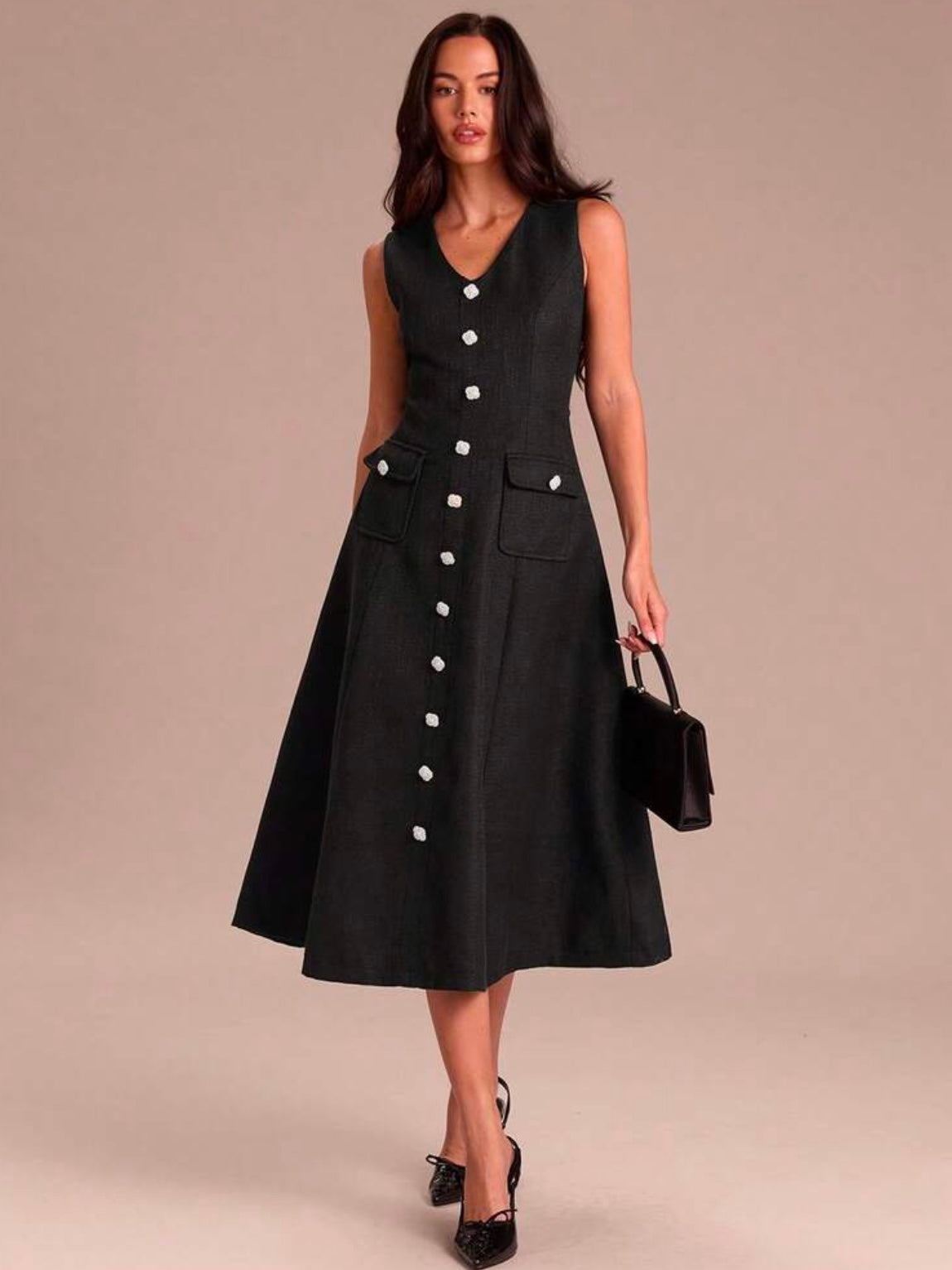 CM-DS919991 Women Elegant Seoul Style V-Neck Sleeveless Woven A-Line Flared Midi Dress With Pockets - Black