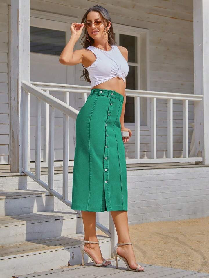 CM-BS849081 Women Casual Seoul Style Solid Button Front Denim Skirt - Green