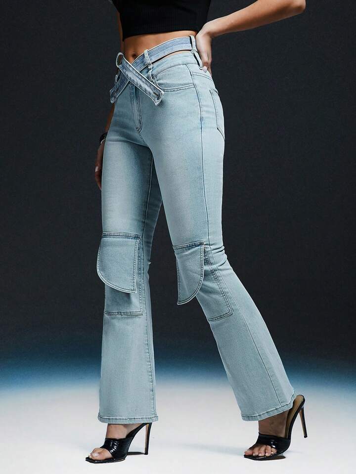 CM-BS223100 Women Casual Seoul Style Waist Belt Pocket Fitting Flare Leg Jeans - Baby Blue