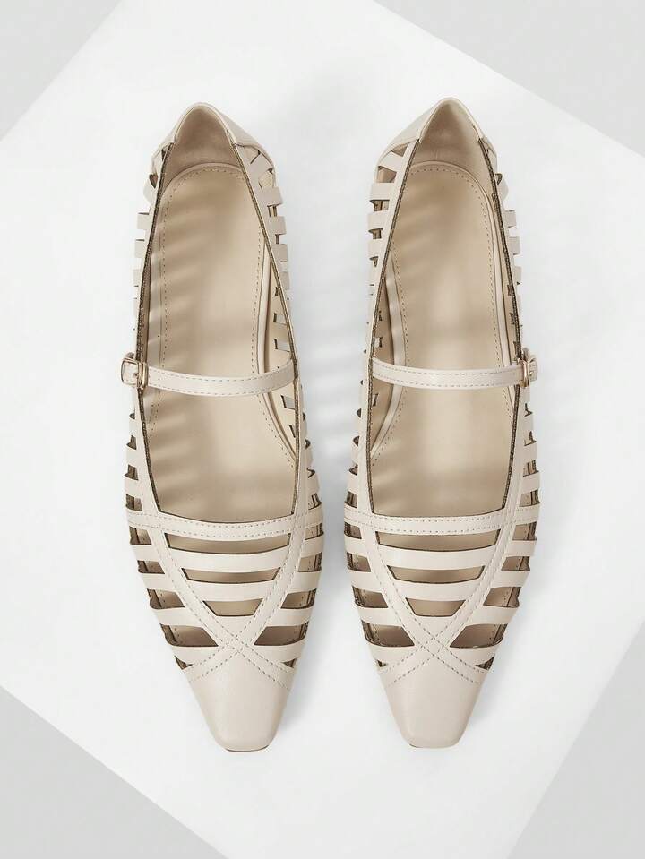 CM-SHS954548 Women Trendy Seoul Style Minimalist Hollow Pointed Toe Flats - Beige