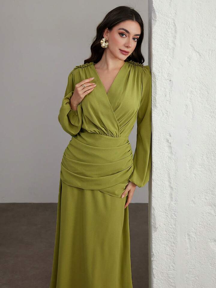 CM-DS969151 Women Elegant Seoul Style V-Neck Bishop Sleeve Cinched Waist A-Line Maxi Dress - Green