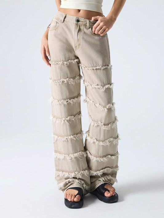 CM-BS705533 Women Casual Seoul Style Pocket Fray Hem Relaxed Straight Leg Jeans - Khaki