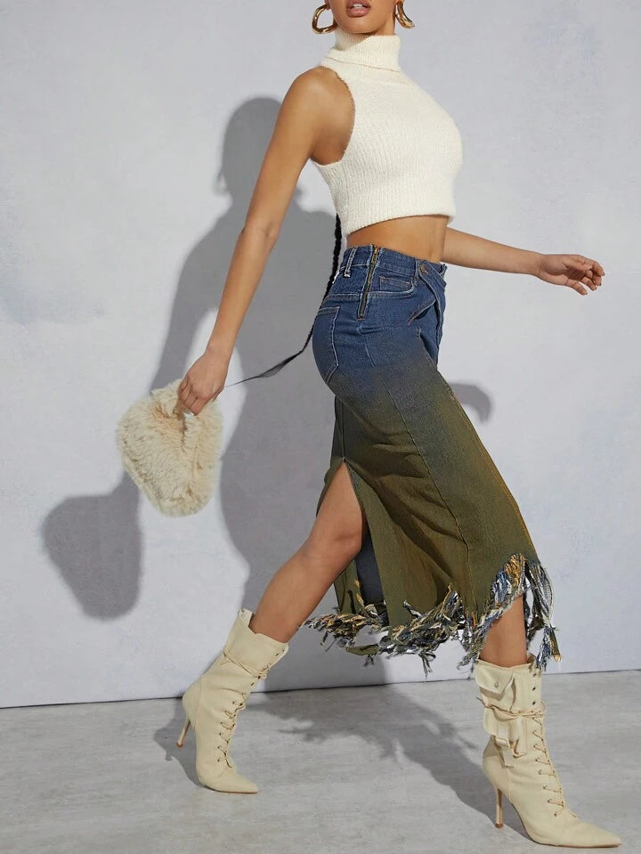 CM-BS265274 Women Trendy Bohemian Style High Waist Fringed Slit Denim Skirt