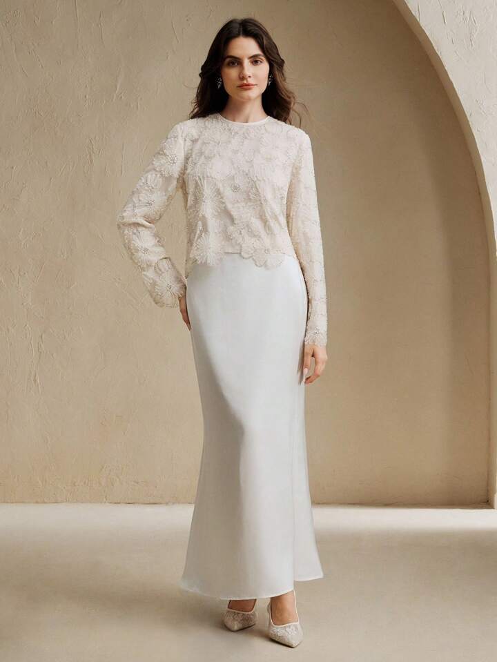 CM-TS303207 Women Elegant Seoul Style Round Neck Long Sleeve Floral Beaded Sheer Blouse - Apricot