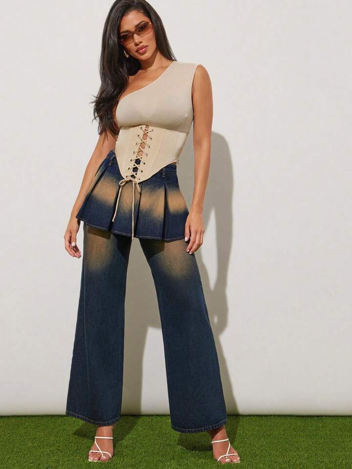 CM-BS380879 Women Casual Seoul Style Dark Wash Layered Pleated Skirt Relaxed Fit Jeans