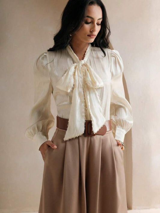 CM-TS379258 Women Elegant Seoul Style Tie Neck Pearl Knot Loose Long Sleeve Blouse - Apricot