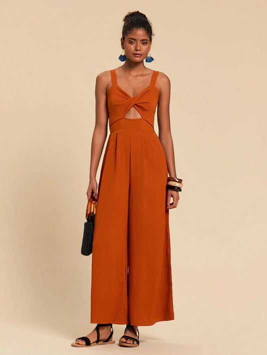 CM-JS719433 Women Trendy Bohemian Style Twist Front Cutout Cami Jumpsuit - Brown