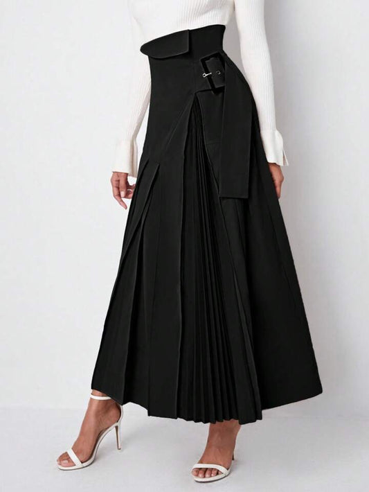 CM-BS293192 Women Elegant Seoul Style High Waist Buckle Strap Pleated Skirt - Black