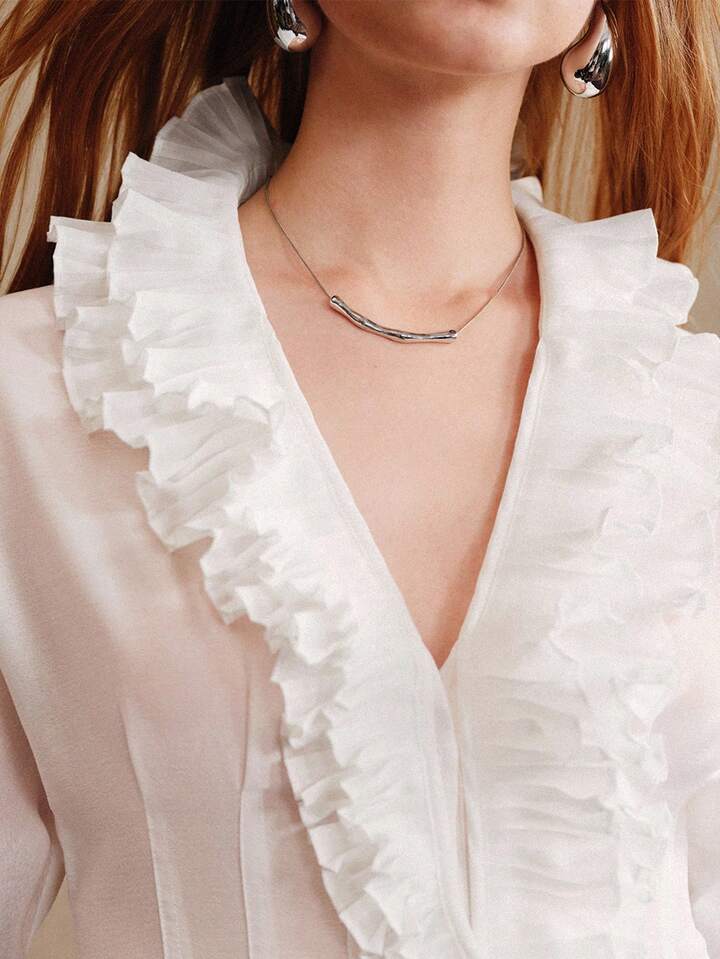 CM-TS335916 Women Elegant Seoul Style Chiffon Fabric V-Neck Long Sleeve Waist Pleated Double Ruffle Collar Design Shirt