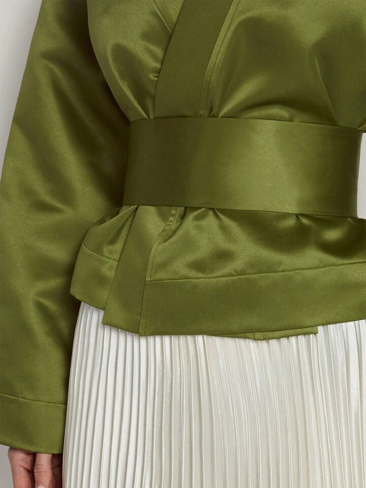 CM-TS808575 Women Elegant Seoul Style Solid Color V-Neck Wrap Flared Sleeve Blouse - Green