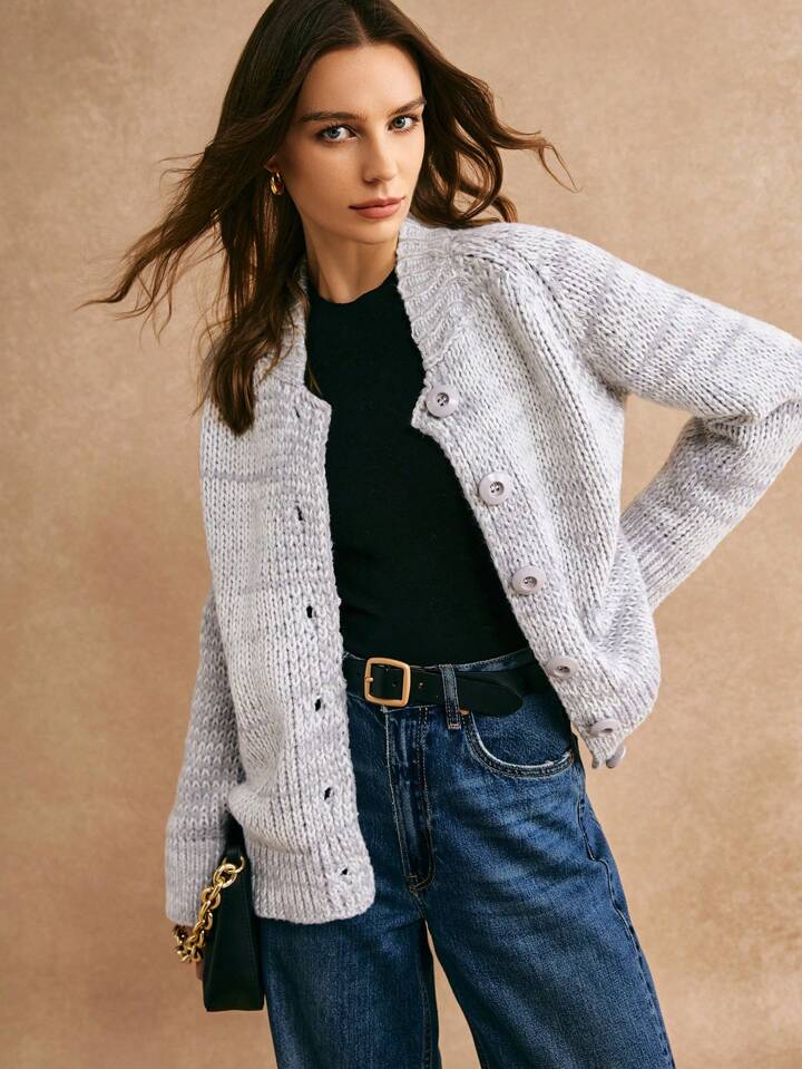 CM-CS989545 Women Casual Seoul Style Solid Color Raglan Sleeve Single-Breasted Cardigan - Gray