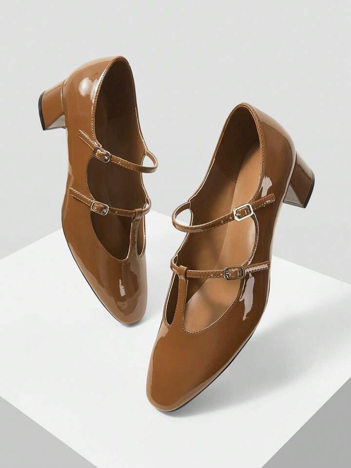 CM-SHS026446 Women Trendy Seoul Style Glossy Buckle Design High Heels Sandals - Coffee Brown