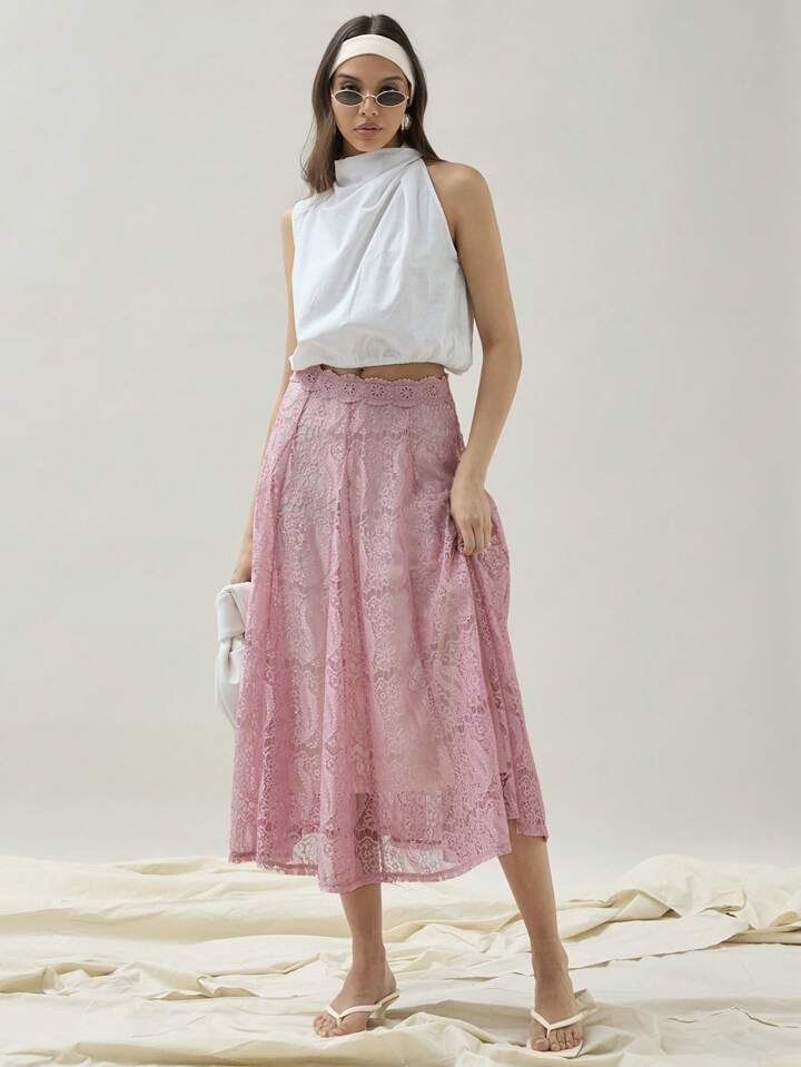 CM-BS666792 Women Trendy Bohemian Style High Waist Lace Pleated A-Line Midi Skirt - Pink