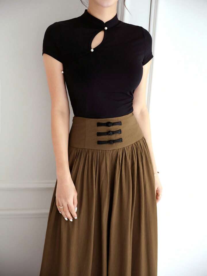 CM-BS515588 Women Casual Seoul Style Chinese-Style Pleated Waist Wide Leg Pants - Coffee Brown