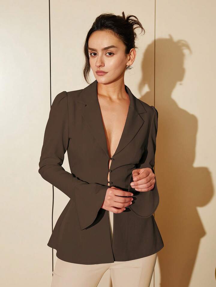 CM-TS268211 Women Elegant Seoul Style Lapel Neck Flounce Sleeve Button Front Blouse - Brown