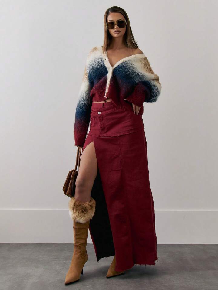 CM-BS633279 Women Casual Seoul Style High Rise Seam Overlay Detail Distressed Split Maxi Skirt