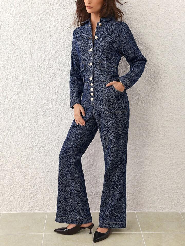 CM-JS528662 Women Elegant Seoul Style Dark Wash Collar Neckline All-Over Print Front Button Long Sleeve Denim Jumpsuit