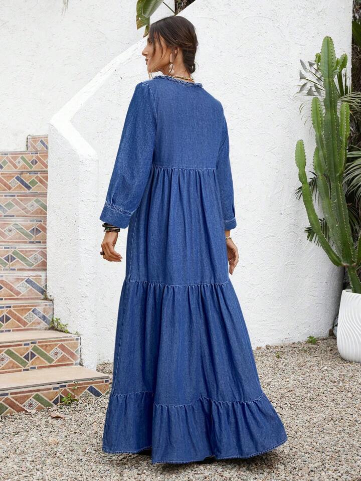 CM-DS659151 Women Trendy Bohemian Style Medium Wash Round Neck 3/4 Sleeve Loose Long Denim Dress