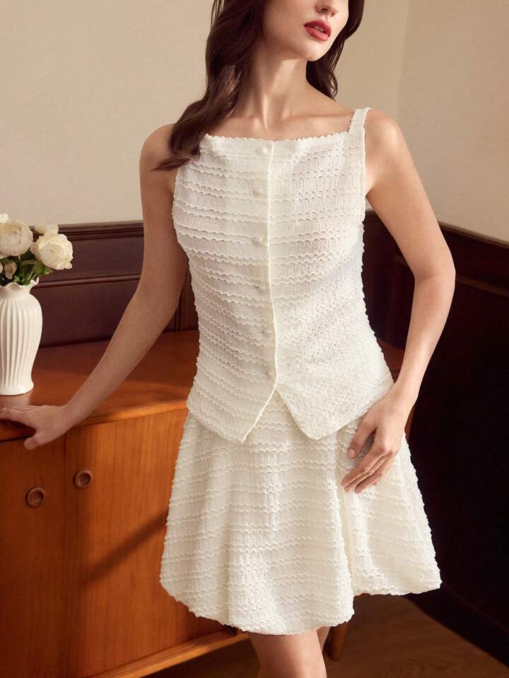 CM-SS161602 Women Casual Seoul Style Straps Neckline Fitted Jacquard Knit Tank Top With Lantern Skirt - Set