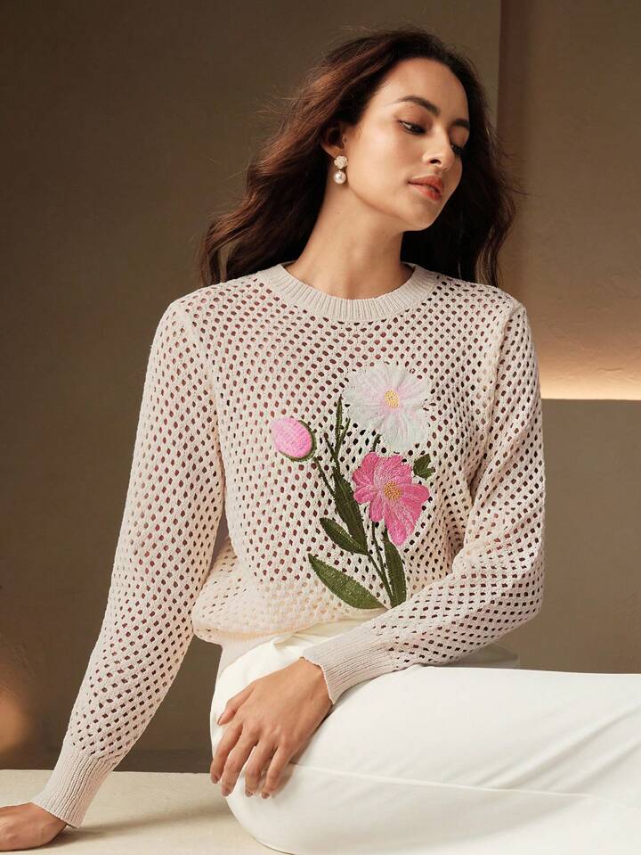 CM-CS497460 Women Elegant Seoul Style Floral Embroidery Hollow Out Crew Neck Long Sleeve Sweater - White
