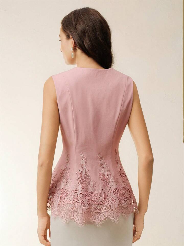 CM-TS199983 Women Elegant Seoul Style Lace Hollow Embroidery V-Neck 3D Floral Sleeveless Blouse - Pink