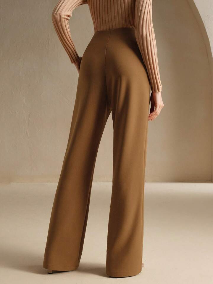 CM-BS159857 Women Elegant Seoul Style Metal Buckle Decor Slim Fit Flare Pants - Brown