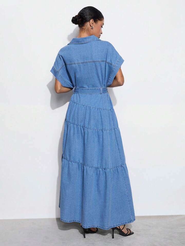 CM-DS583059 Women Casual Seoul Style Medium Wash Collar Neckline Batwing Sleeve Loose Denim Dress