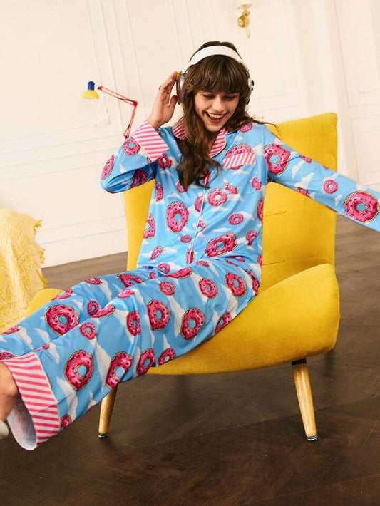 CM-LS010075 Women Trendy Seoul Style Donut And Cloud Print Patchwork Stripe Pajama Set