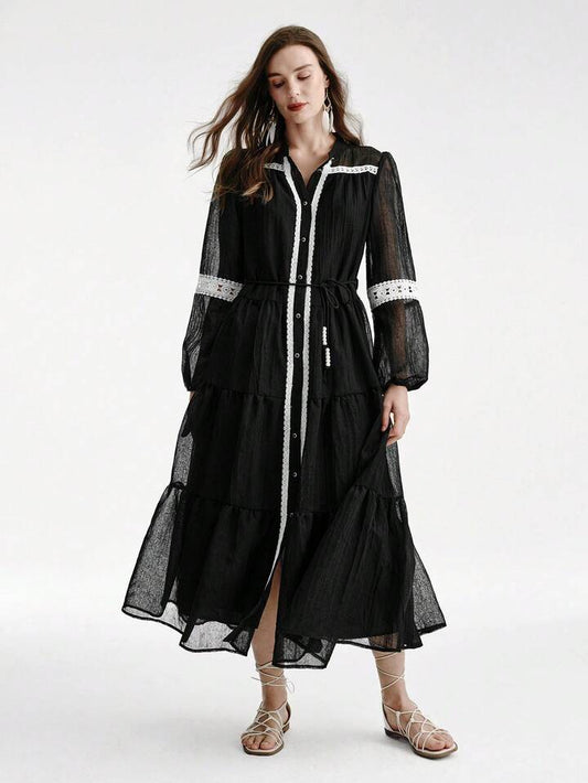 CM-DS567160 Women Casual Seoul Style Lace Contrast Color Chiffon Patchwork Lantern Sleeve Cinched Waist Cake Dress