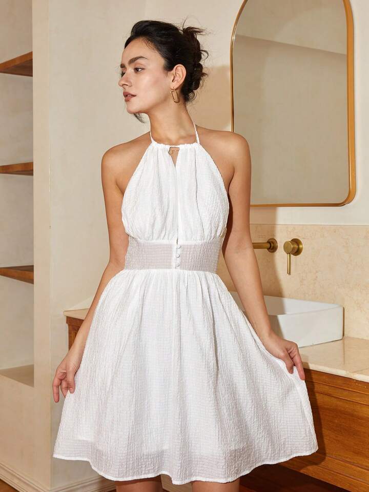 CM-DS654104 Women Trendy Bohemian Style Keyhole Halter Neck Backless Mini Dress - White