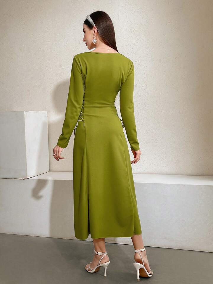 CM-DS903684 Women Casual Seoul Style Square Neck Long Sleeve Side Tie Maxi Dress - Green