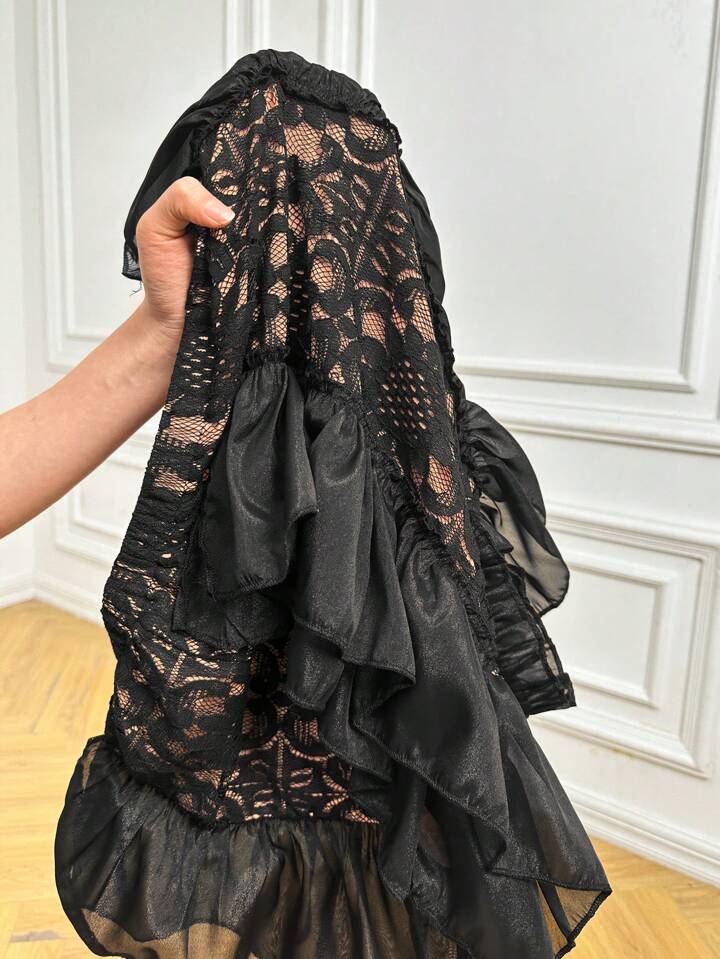 CM-TS736693 Women Elegant Seoul Style Lace Notched Neckline Ruffle Trim Shirt - Black