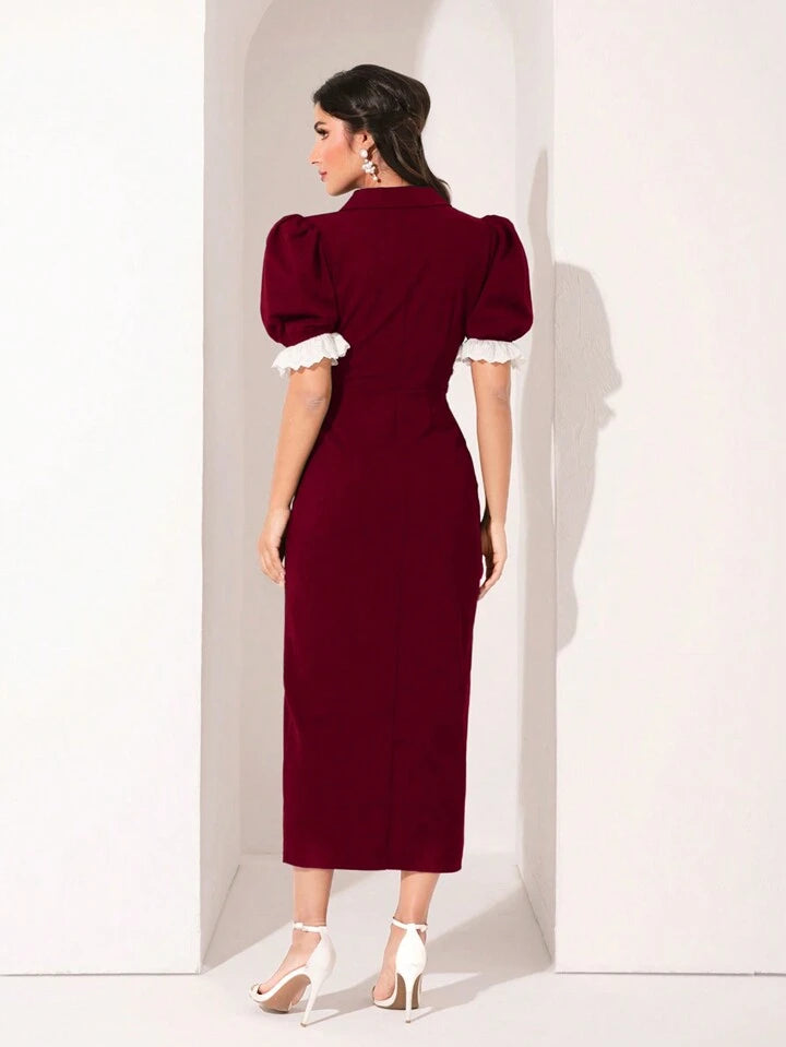 CM-DS071117 Women Elegant Seoul Style Lace Patchwork Double-Breasted Puff Sleeve Dress - Burgundy