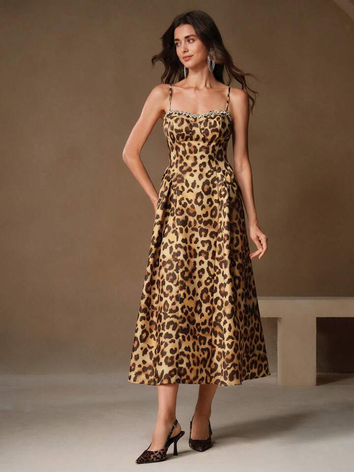 CM-DS030246 Women Elegant Seoul Style Spaghetti Strap Leopard Print Rhinestone Embellished Midi Dress