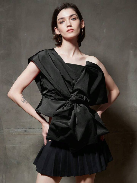 CM-TS619059 Women Casual Seoul Style Front Bow Asymmetrical Collar Blouse - Black