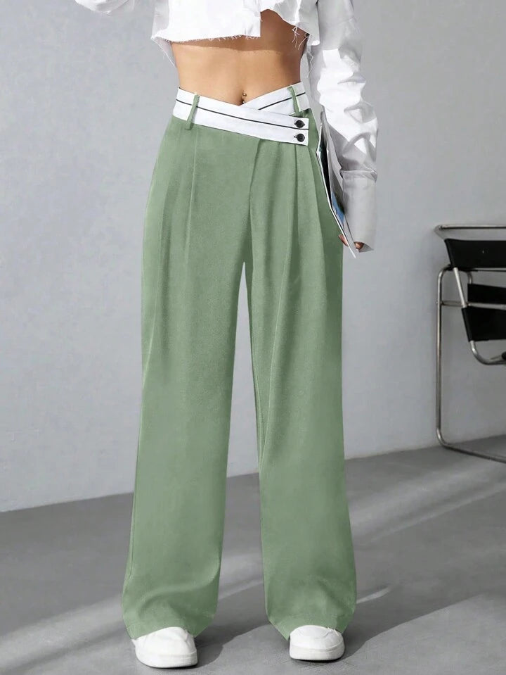 CM-BS115964 Women Casual Seoul Style Asymmetrical High Waist Straight Leg Pants - Green