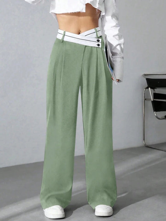 CM-BS115964 Women Casual Seoul Style Asymmetrical High Waist Straight Leg Pants - Green