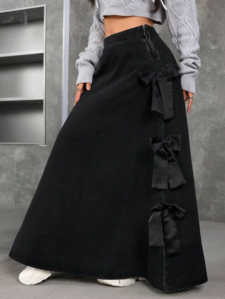 CM-BS823825 Women Casual Seoul Style Lace Up Bow Decor Loose Denim Skirt - Black