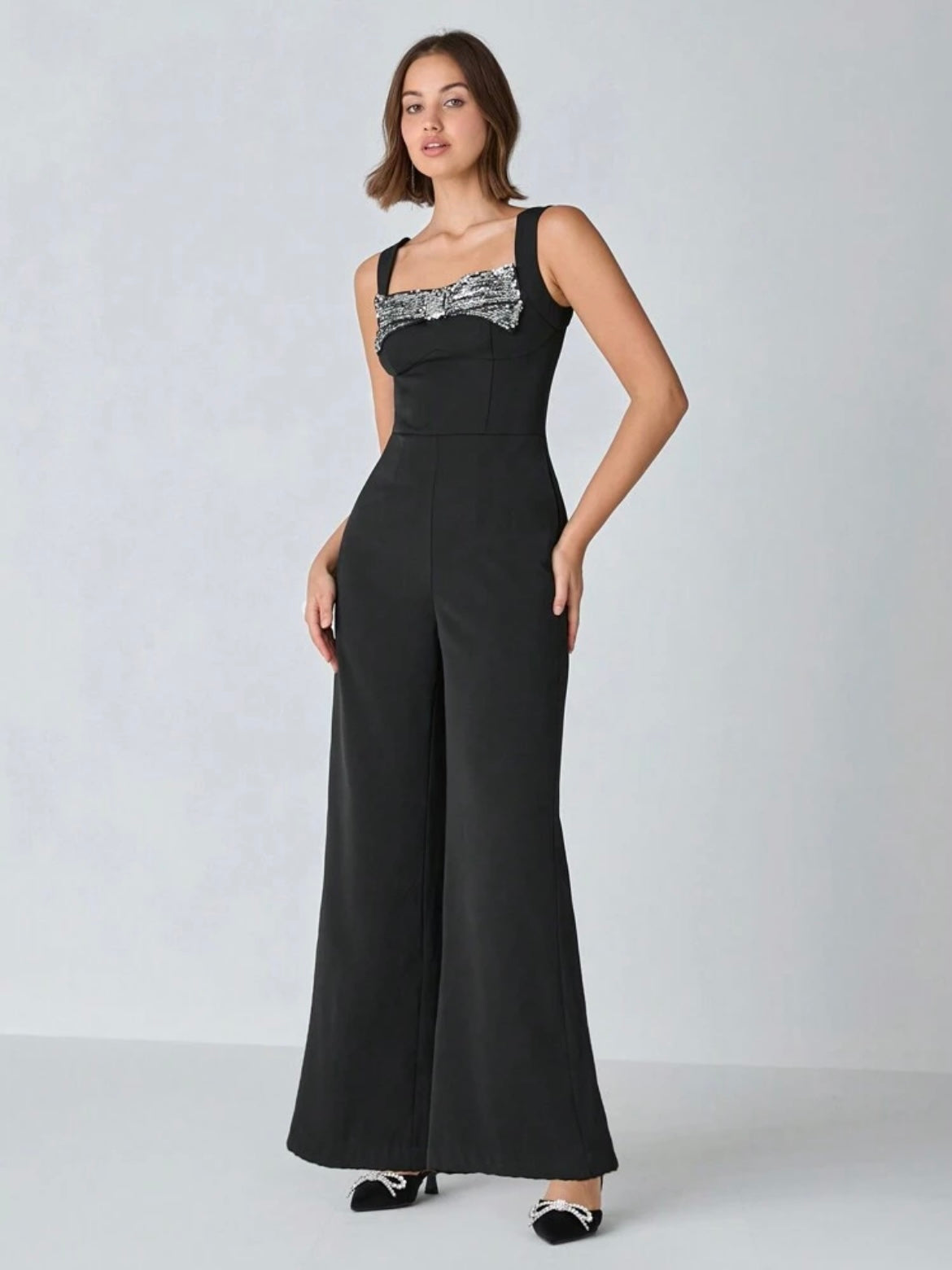 CM-JS432207 Women Elegant Seoul Style Sequin Bow Decorated Sleeveless Wide Leg Jumpsuit - Black