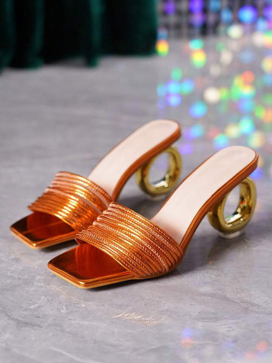 CM-SHS684842 Women Trendy Seoul Style Square Toe Asymmetric Chunky Heel Slide Sandals - Orange