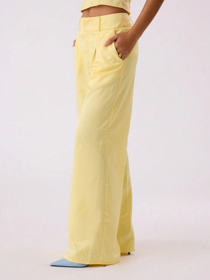 CM-BS543334 Women Casual Seoul Style Satin Wide Leg Pleat Front Trouser - Yellow