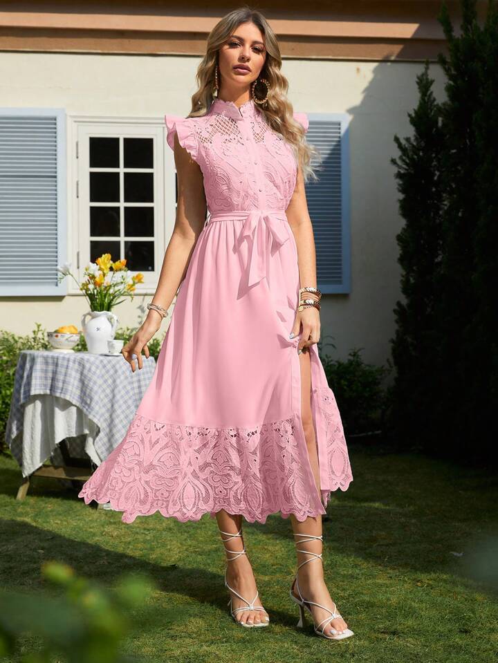 CM-DS652165 Women Elegant Seoul Style Stand Collar Flying Sleeve Dress - Baby Pink