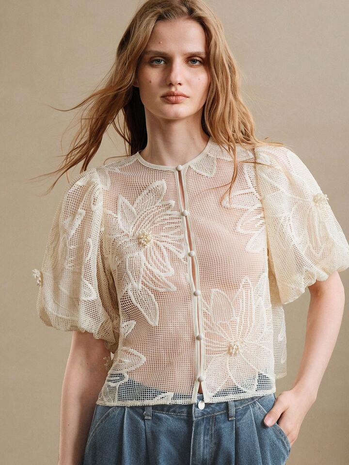 CM-TS586778 Women Elegant Seoul Style Lace Hollow Petal Sleeve Floral Design Blouse - Apricot
