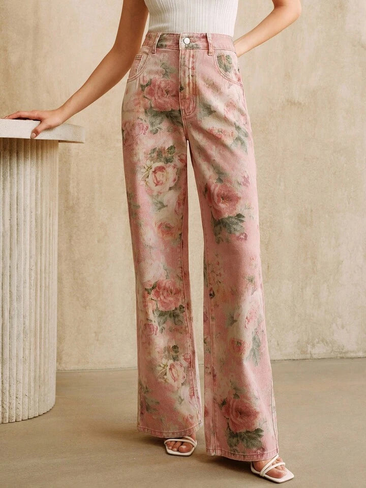 CM-BS799989 Women Casual Seoul Style Mid Waist Floral Printed Straight Leg Jeans - Pink