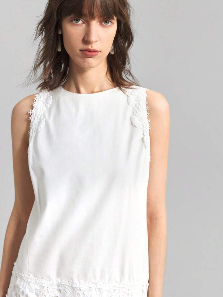 CM-DS603272 Women Elegant Seoul Style Solid Color Lace Patchwork Round Neck Sleeveless Mini Dress