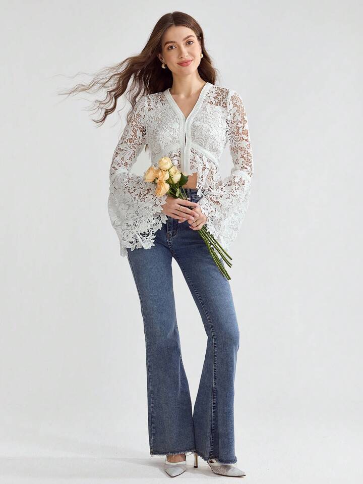 CM-TS566079 Women Elegant Seoul Style Solid Color V-Neck Hollow Out Long Sleeve Top - White
