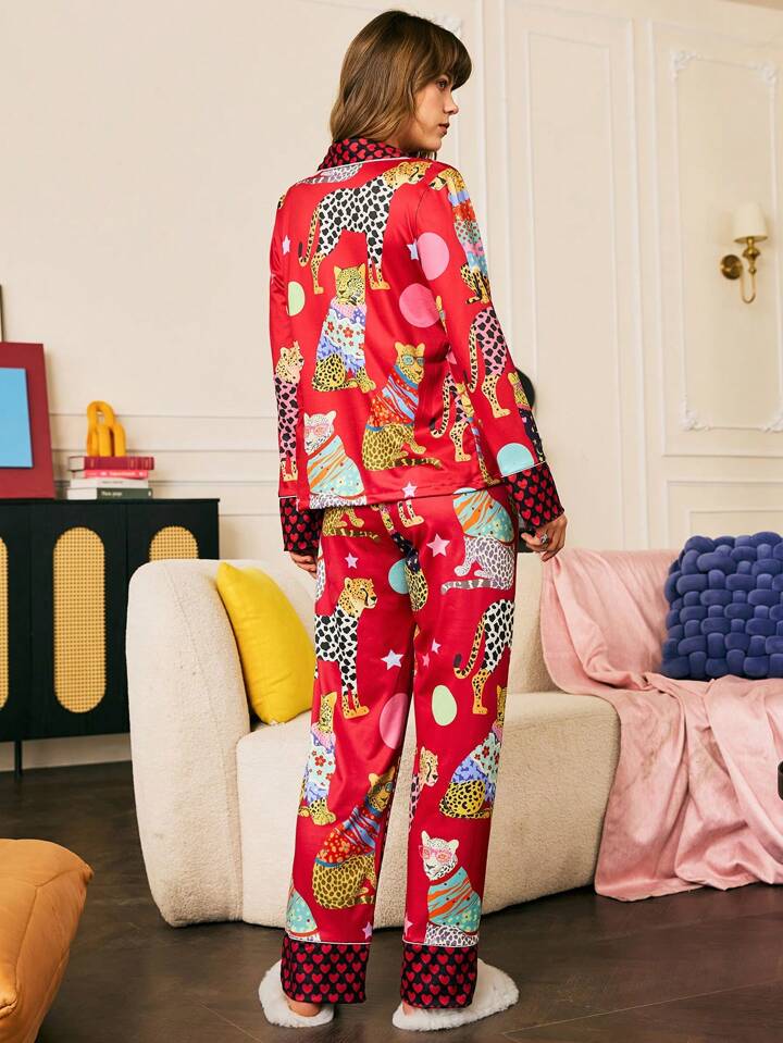 CM-LS590917 Women Trendy Seoul Style Printed Long Sleeve Button Up Top With Pants Pajama Set - Burgundy