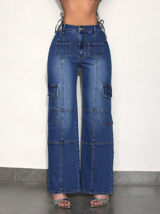 CM-BS480943 Women Casual Seoul Style Medium Wash Waistband Ties Straight-Legged Jeans